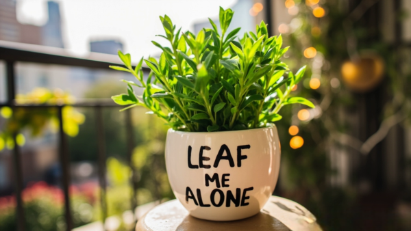 Luxe Ceramic Succulent Planter with Walnut Base – 'Leaf Me Alone' White Plant Pot