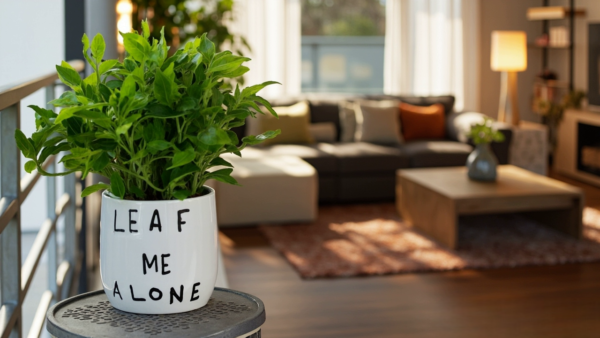 Luxe Ceramic Succulent Planter with Walnut Base – 'Leaf Me Alone' White Plant Pot - Image 2