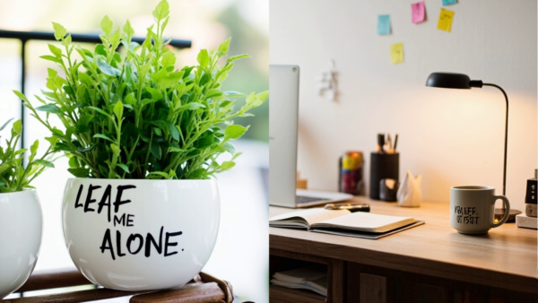 Luxe Ceramic Succulent Planter with Walnut Base – 'Leaf Me Alone' White Plant Pot - Image 3