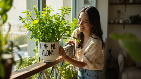 Luxe Ceramic Succulent Planter with Walnut Base – 'Leaf Me Alone' White Plant Pot - Image 4