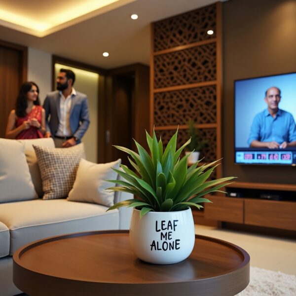 Luxe Ceramic Succulent Planter with Walnut Base – 'Leaf Me Alone' White Plant Pot - Image 6
